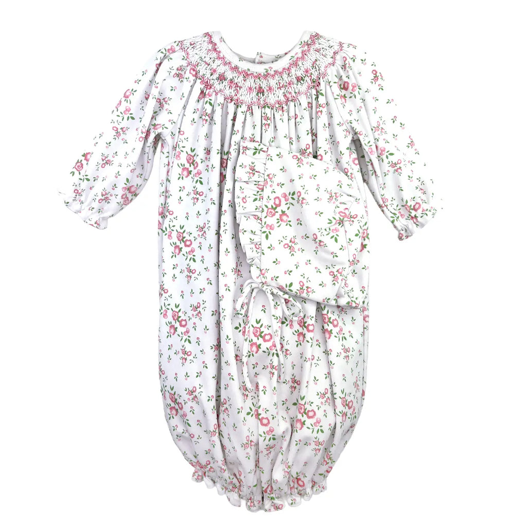 Floral Print Bishop Smocked Knit Gown & Hat