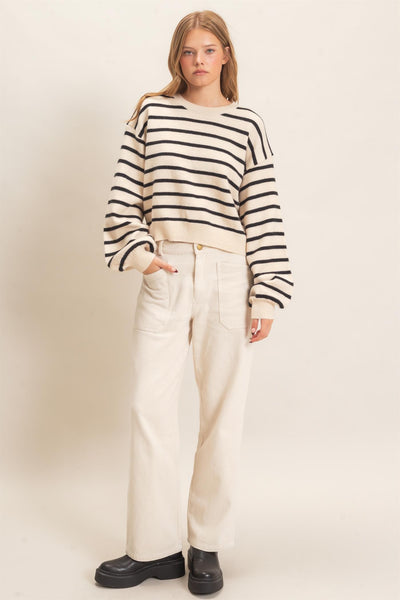 Striped Ribbed Crew Neck Sweater
