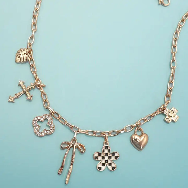 Charm Necklace-Clover Bow Checkered Flower