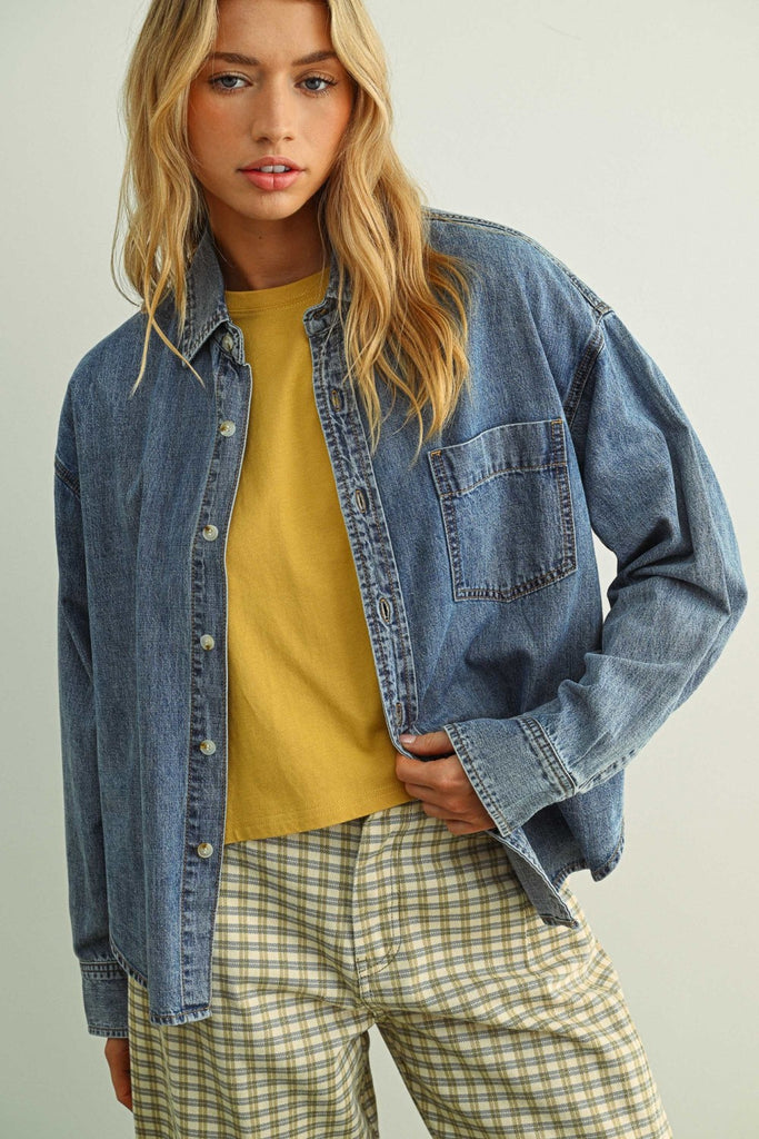 Washed Denim Button Down Top