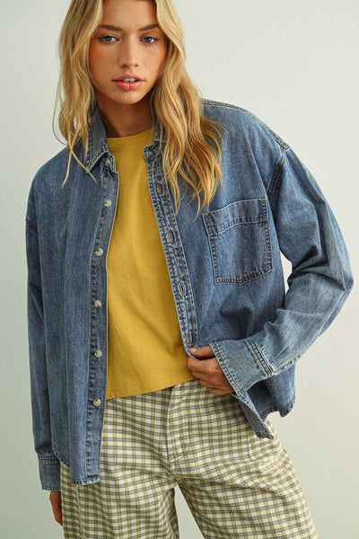Washed Denim Button Down Top