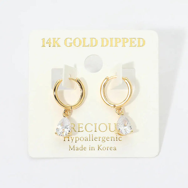 14K Gold Dipped Teardrop Cz Charm Drop Huggie Hoop Earrings
