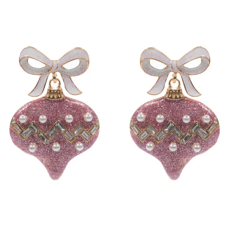 White Bow w/ Pink Glitter & Pearl Ornament 2" Christmas Earring