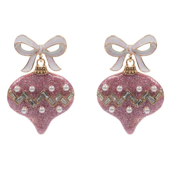 White Bow w/ Pink Glitter & Pearl Ornament 2" Christmas Earring