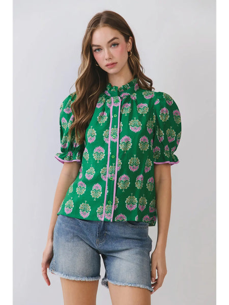 Floral Block Print Puff Sleeve Top