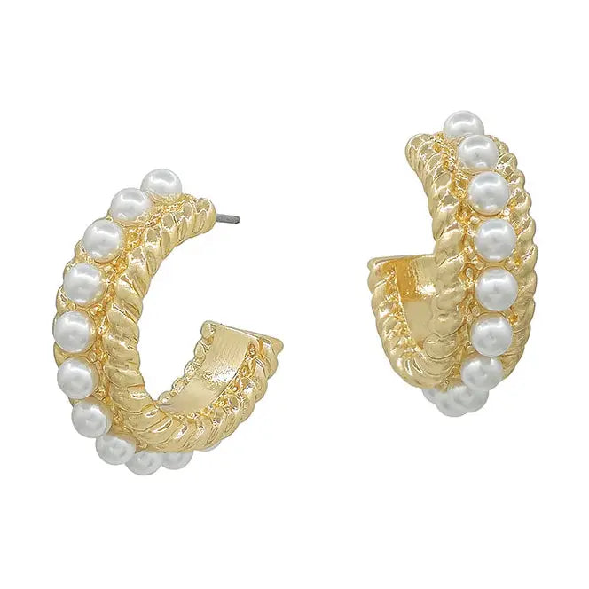 Gold Textured .5" Hoop with Pearl Accents