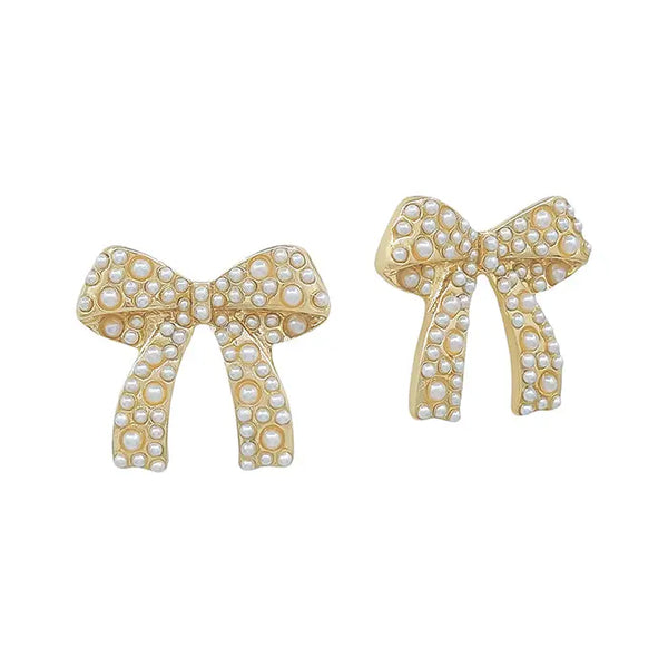 Gold Metal Bow w/ Pearl Accents .75" Earring