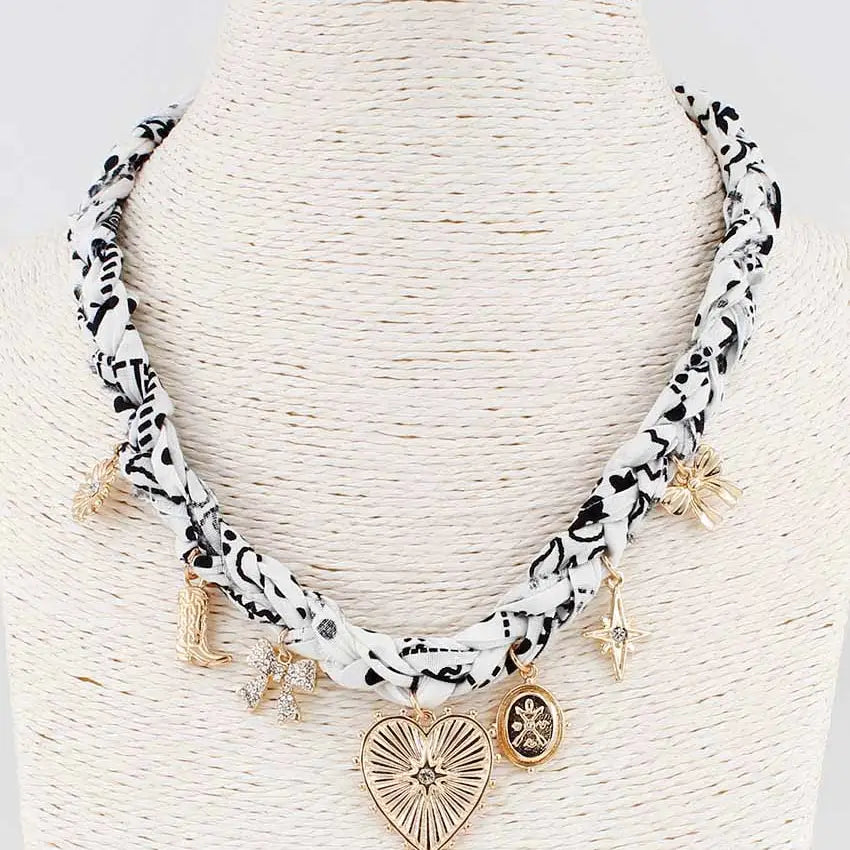 White and Black Braided Scarf Necklace with Heart, Bow, and Boot Charms