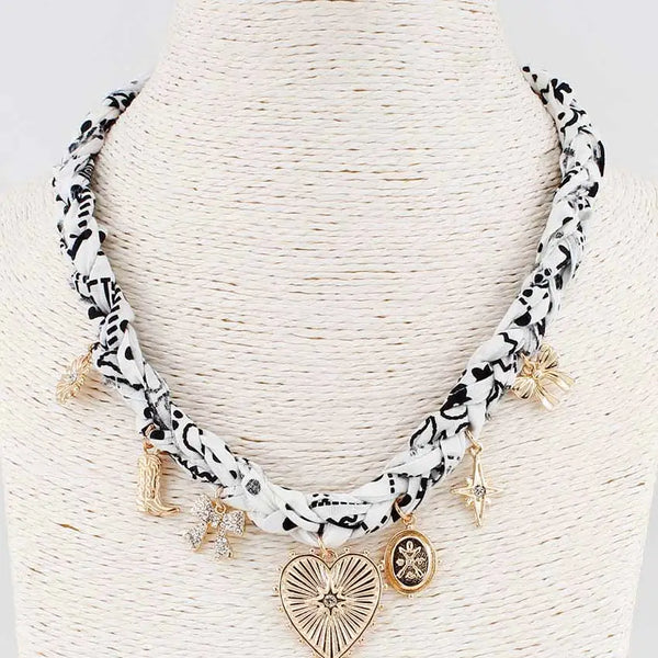White and Black Braided Scarf Necklace with Heart, Bow, and Boot Charms