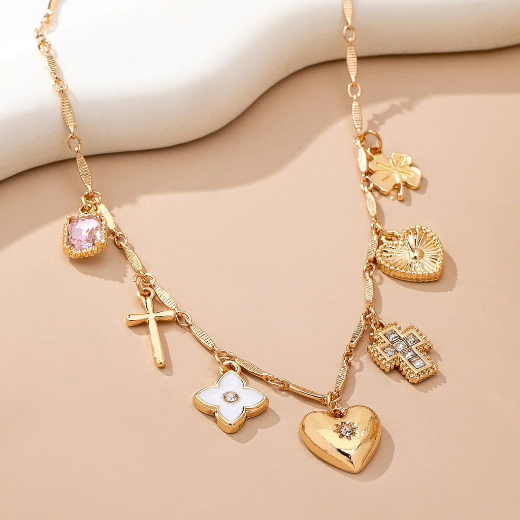 Charm Necklace-Crosses Hearts Flowers Clovers