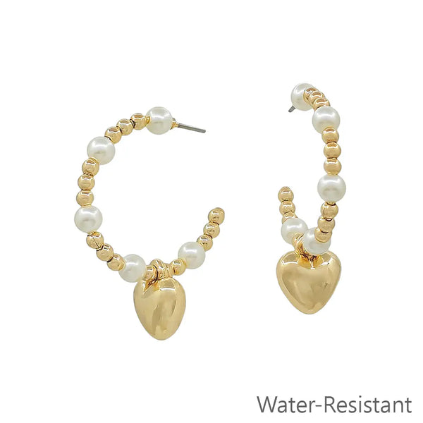 Water Resistant Pearl w/ Heart 1" Hoop Earring