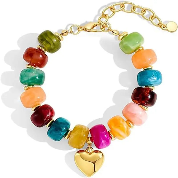 Colorful Resin Beaded Heart Charm Bracelet