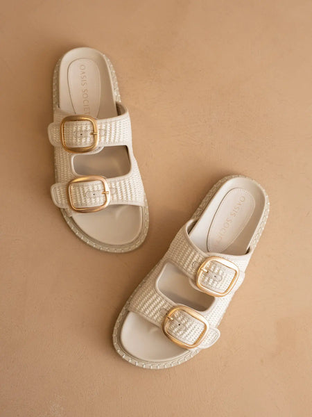 The Daytona Two-Tone Raffia Gold Buckle Sandal