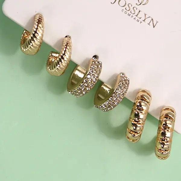 Trio Rhinestone Textured Huggie Hoop Earrings