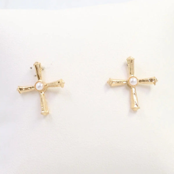 Janet Pearl Cross Stud Earring Worn Gold