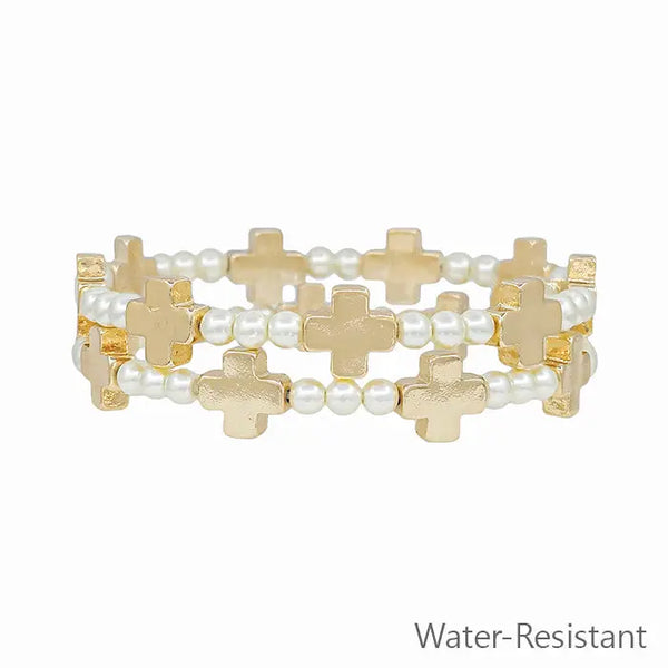 Water Resistant Pearl Beaded w/ Gold Cross Shape Set of 2 Stretch Bracelet