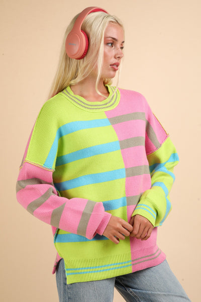 Color Block Oversized Striped Sweater Top