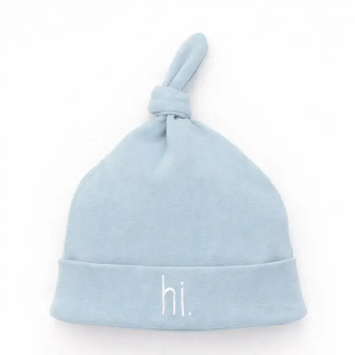 Hi. Embroidered Surf Blue Knotted Baby Hat