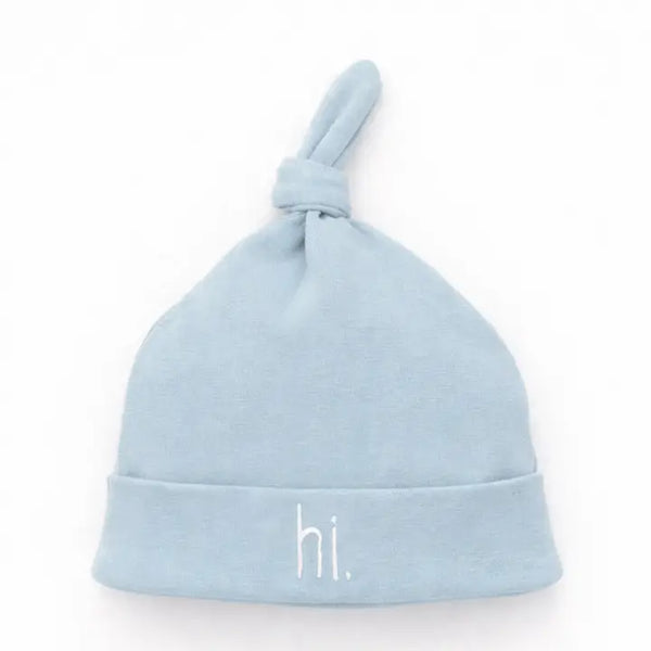 Hi. Embroidered Surf Blue Knotted Baby Hat