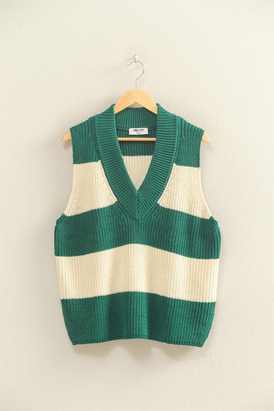 Striped V-Neck Side Slit Sweater Vest