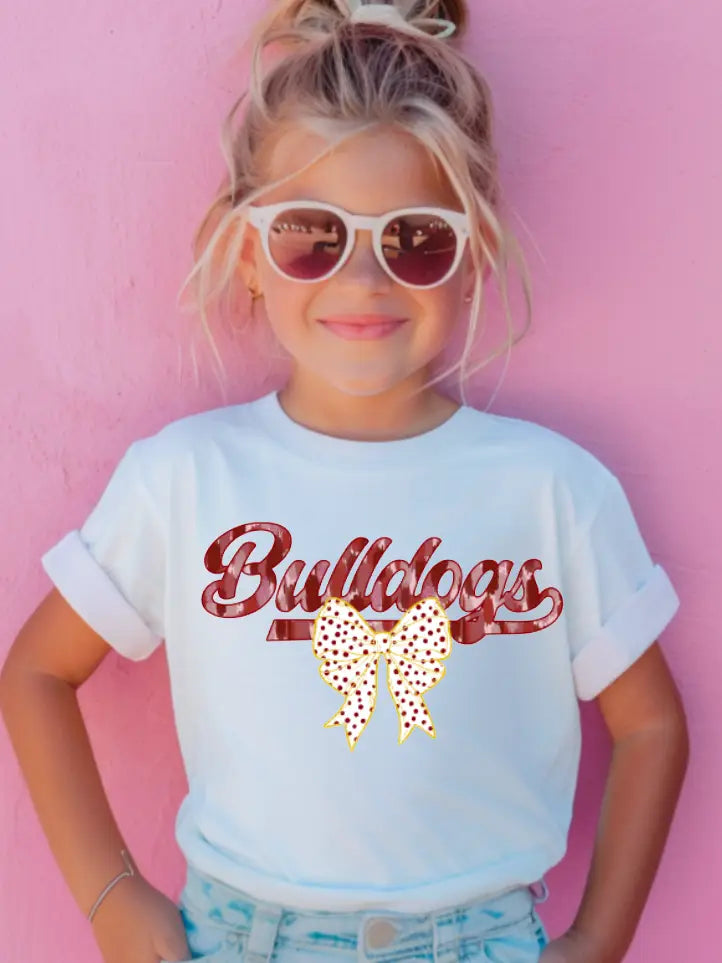 Kids Watercolor Bulldogs Coquette Bow Tee
