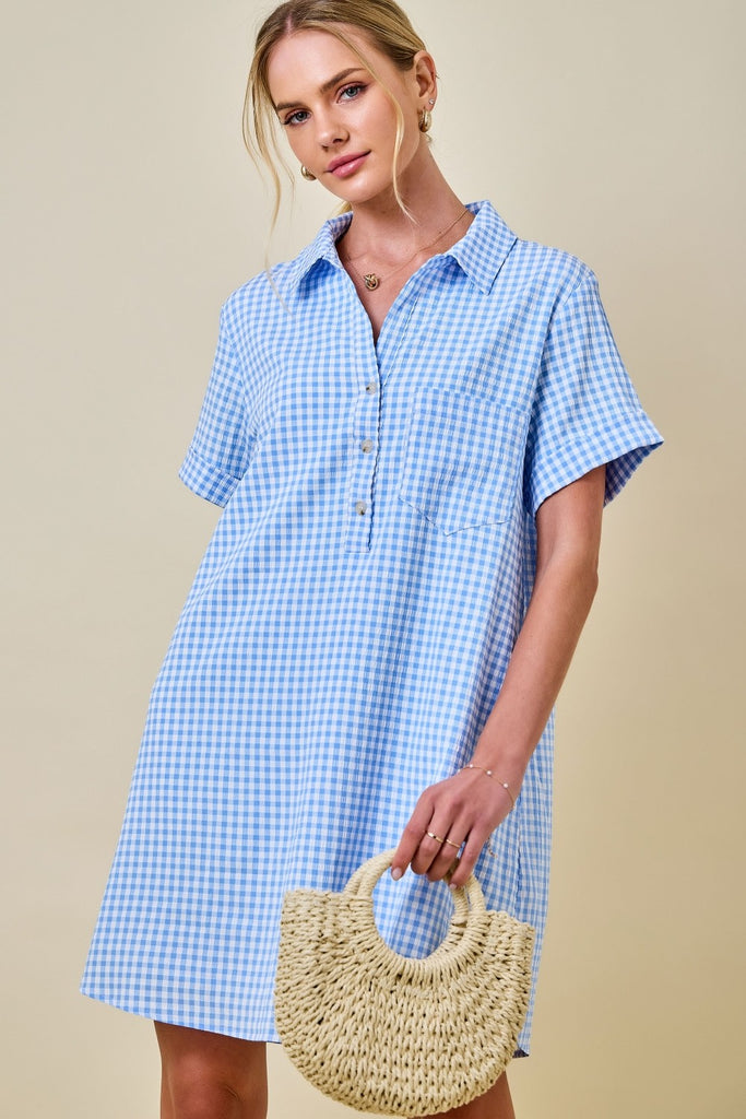 Gingham Print Collared Shirt Dress