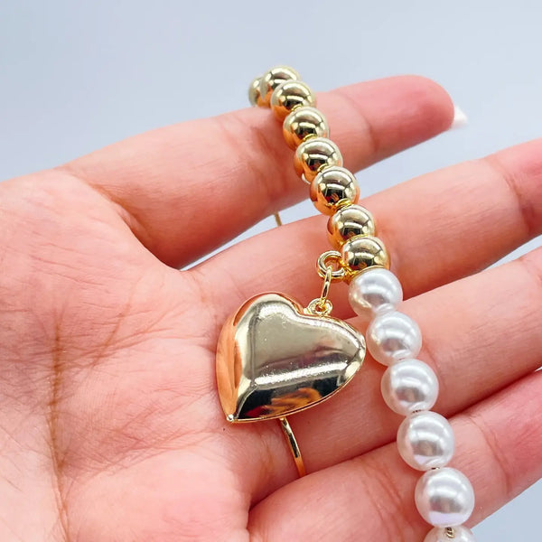 18k Gold Filled Half Gold & Pearl Bracelet w/ Large Puffy Heart