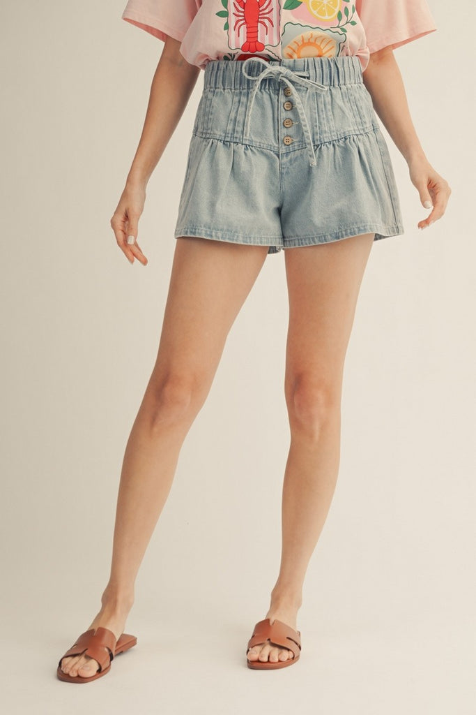 Drawstring Waist Flare Denim Shorts