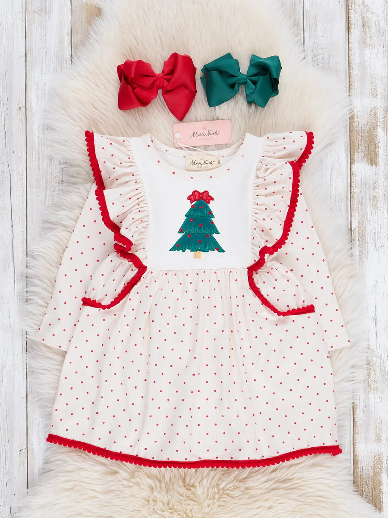 Polka Dots Embroidered Trees Ruffle Dress