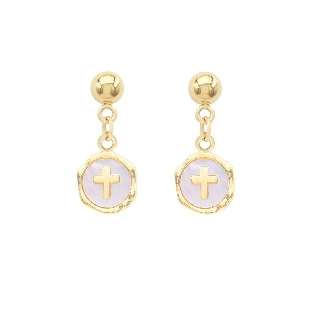 Pearlized Circle with Gold Cross Stud Earrings
