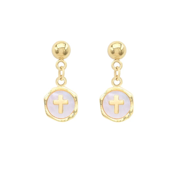 Pearlized Circle with Gold Cross Stud Earrings