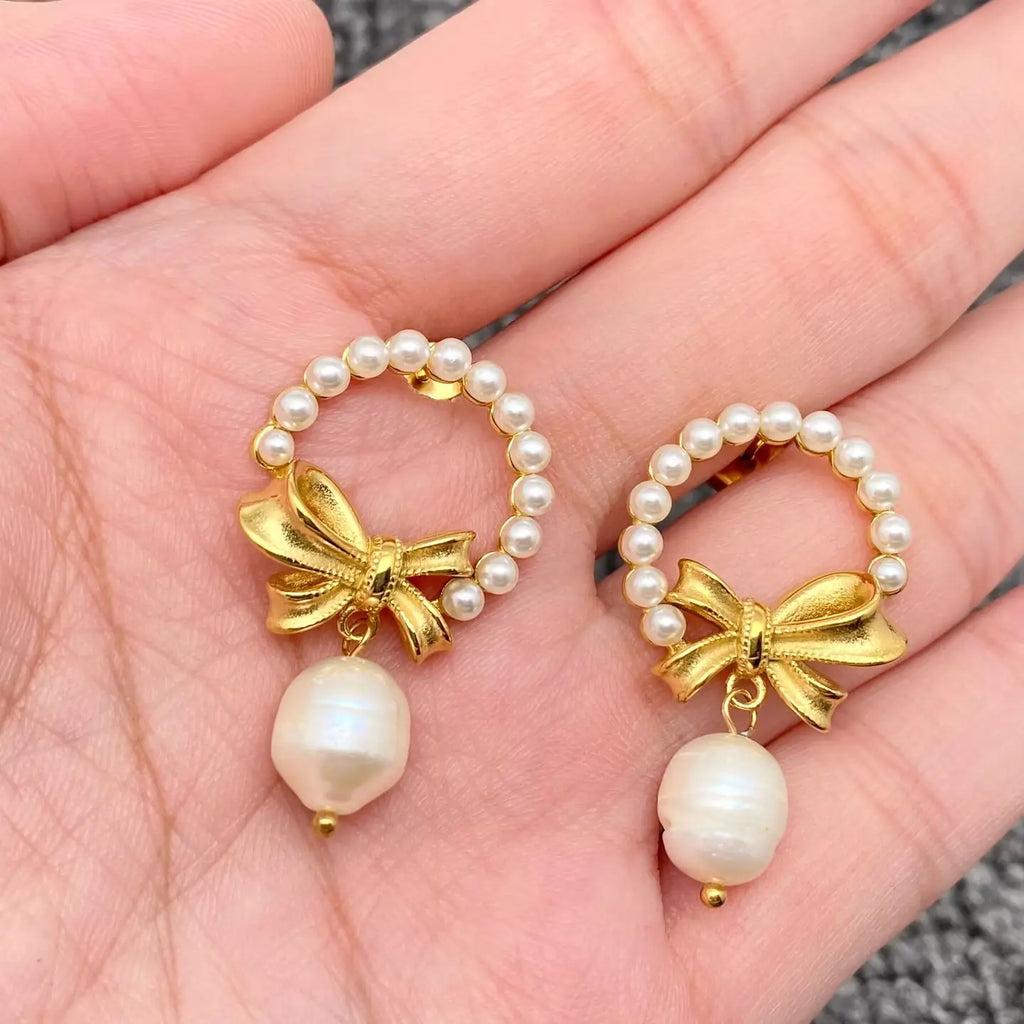 Pearl Charm 18K Gold Plated Bow Earring