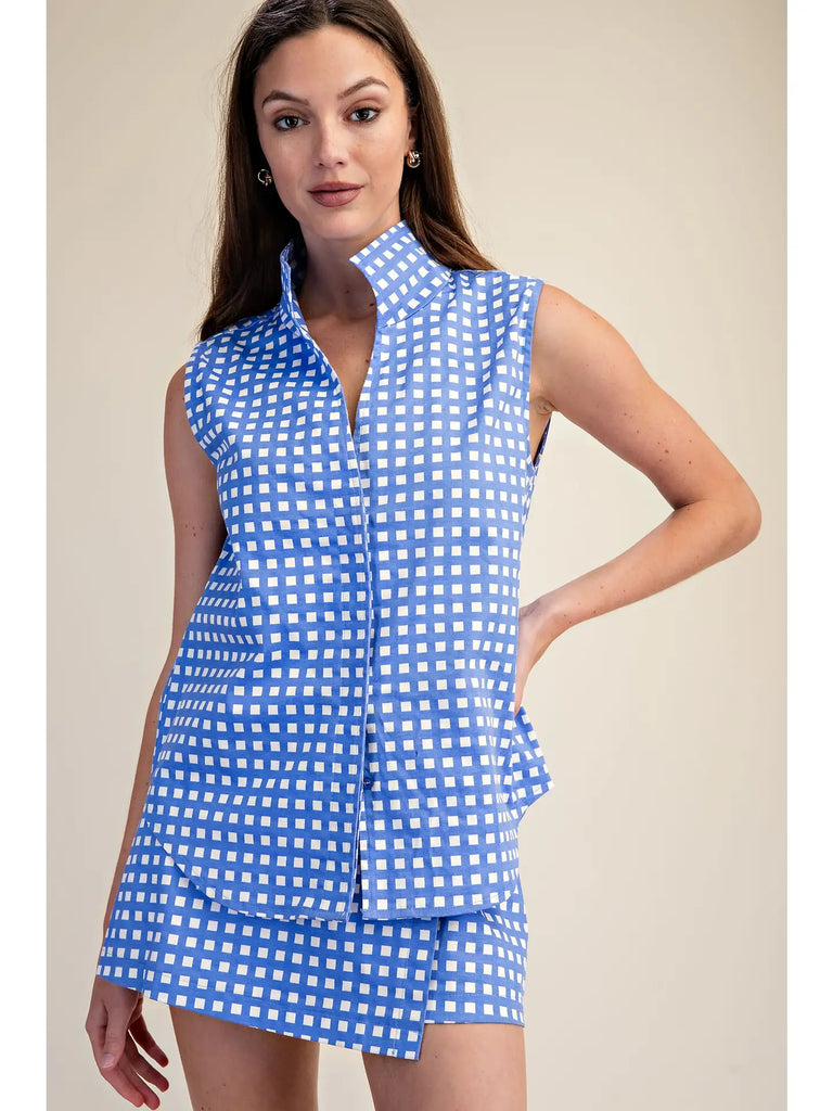 Checkered Button Down Sleeveless Top