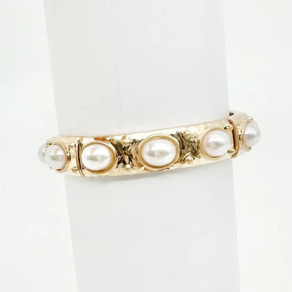 Gold Stretch Bangle w/ Oval Pearl Accents