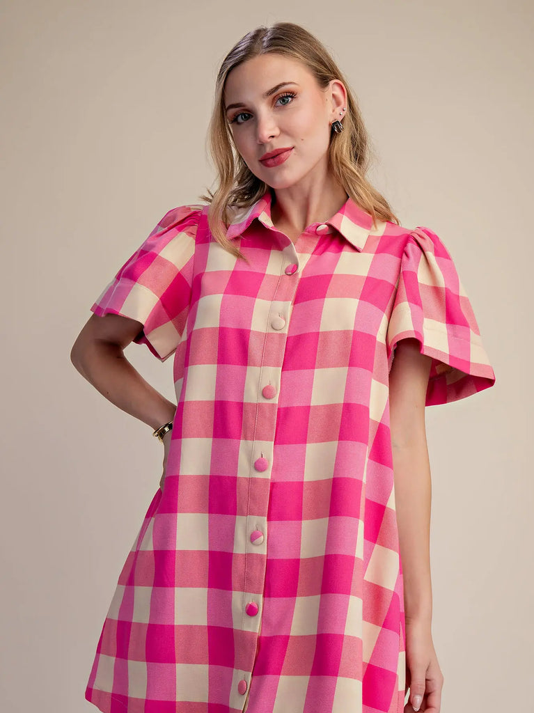 Button Down Checkered Mini Dress