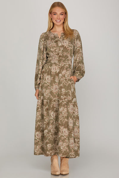 Long Sleeve Woven Print Tiered Maxi Dress