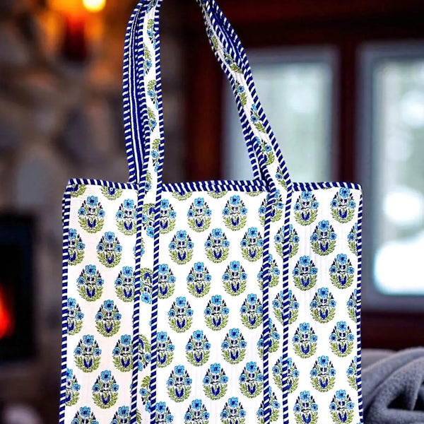 Emma Blue and White Floral Tote Bag