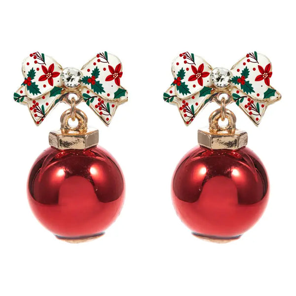 Christmas Bow with Red Ornament Earrings