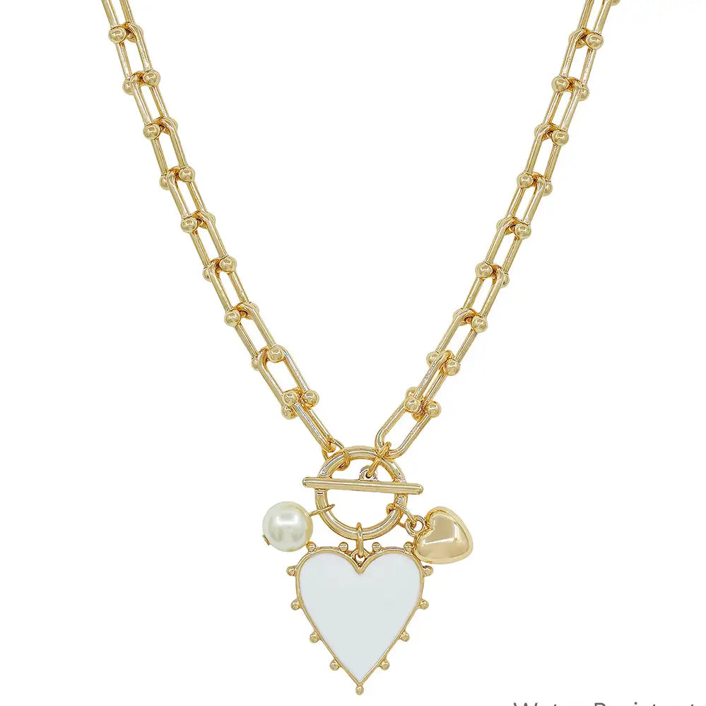 Gold Chain Necklace w/ White Studded Heart Charm 16"-18" Necklace