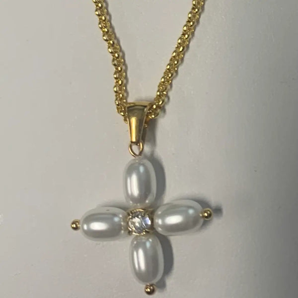 Pearl and Stud Cross Gold Plated Necklace