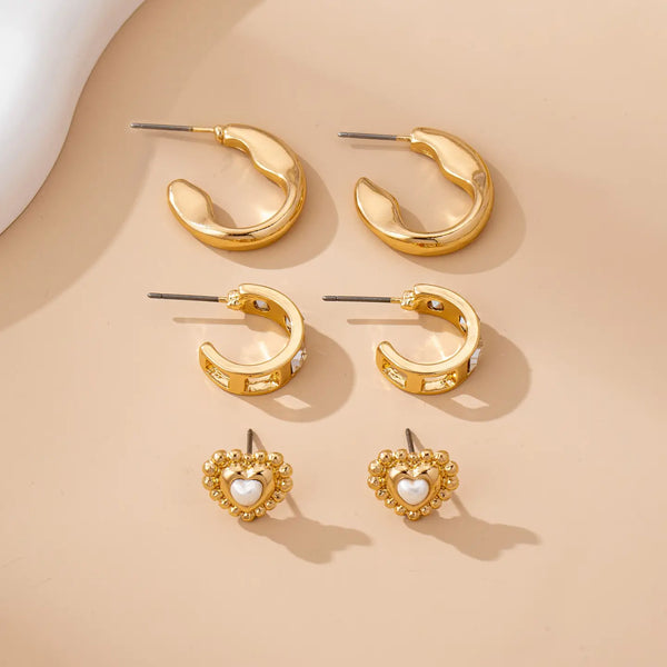 Pearl Heart & Rhinestone Huggie Hoop Trio Earring