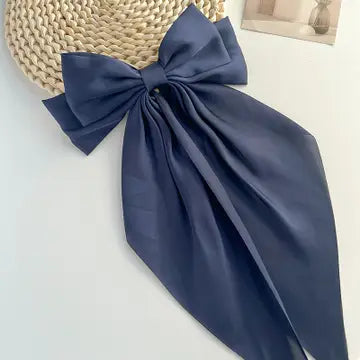 Plain Satin Long Ribbon Bow Large Barrettes Hair Clips
