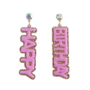 Pink & Gold Glitter Acrylic Happy Birthday 2" Earring