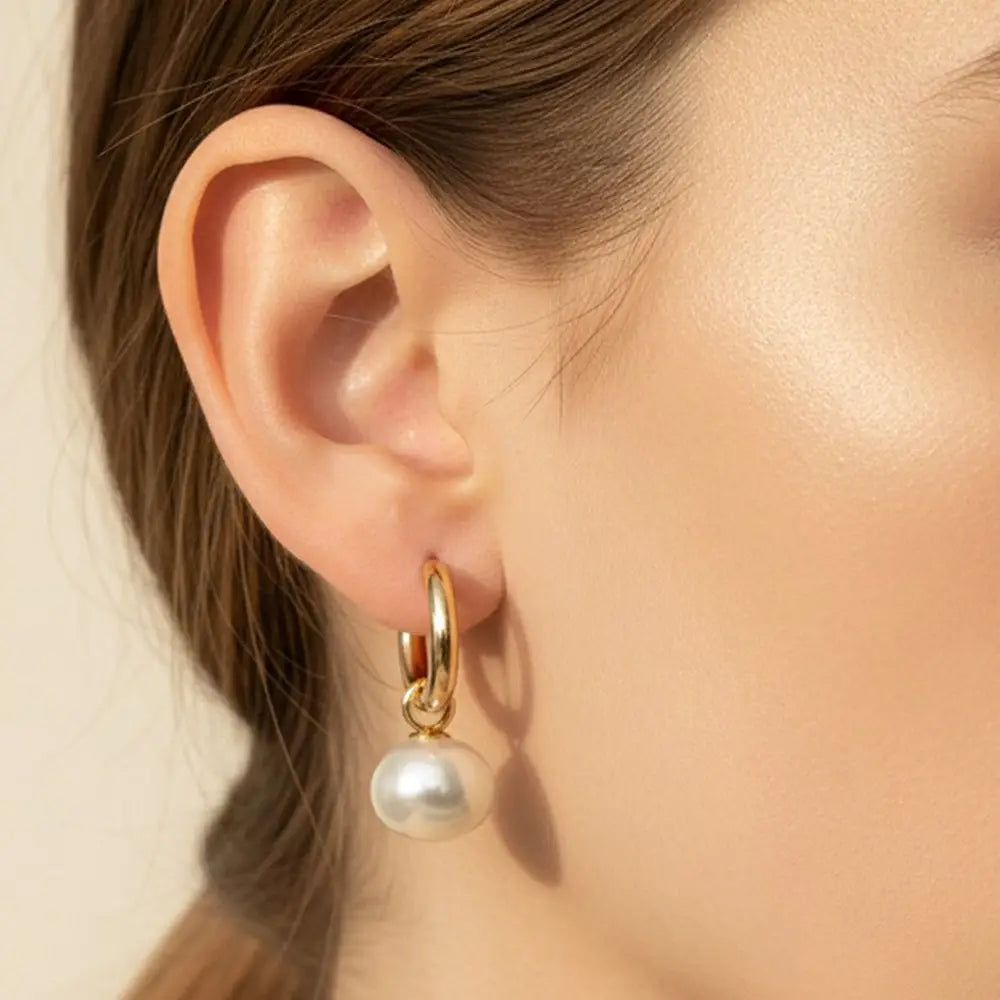 Stainless Steel Pearl Drop Huggie Hoop Earrings