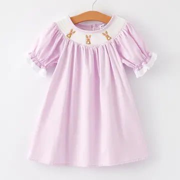 Girls Easter Bunny Smocking Embroidered Purple Dress