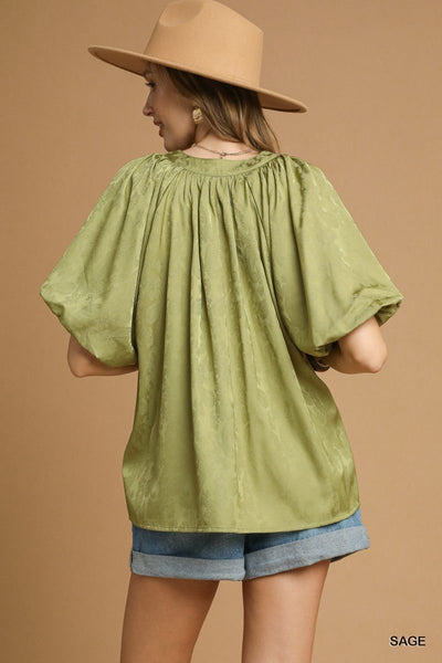 Satin Jacquard Puff Sleeve Blouse