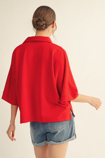 Side Slit Hem Solid V-Neck Top