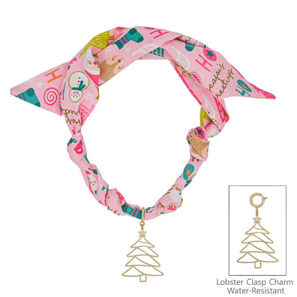 Pink Christmas Tree Printed Silk Knotted Scarf Necklace