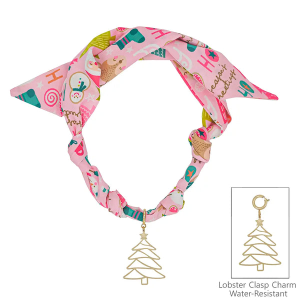 Pink Christmas Tree Printed Silk Knotted Scarf Necklace
