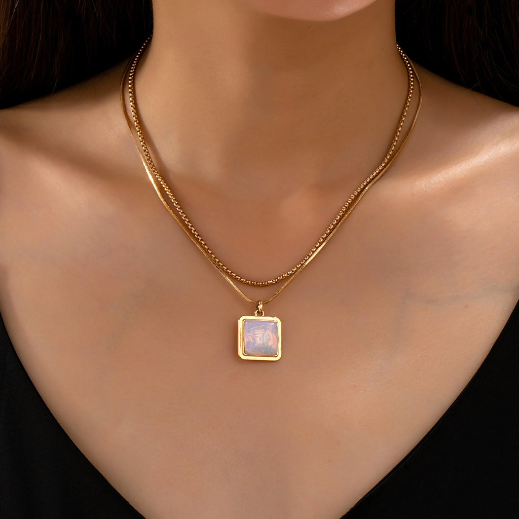 Layered Square Opal Pendant Necklace
